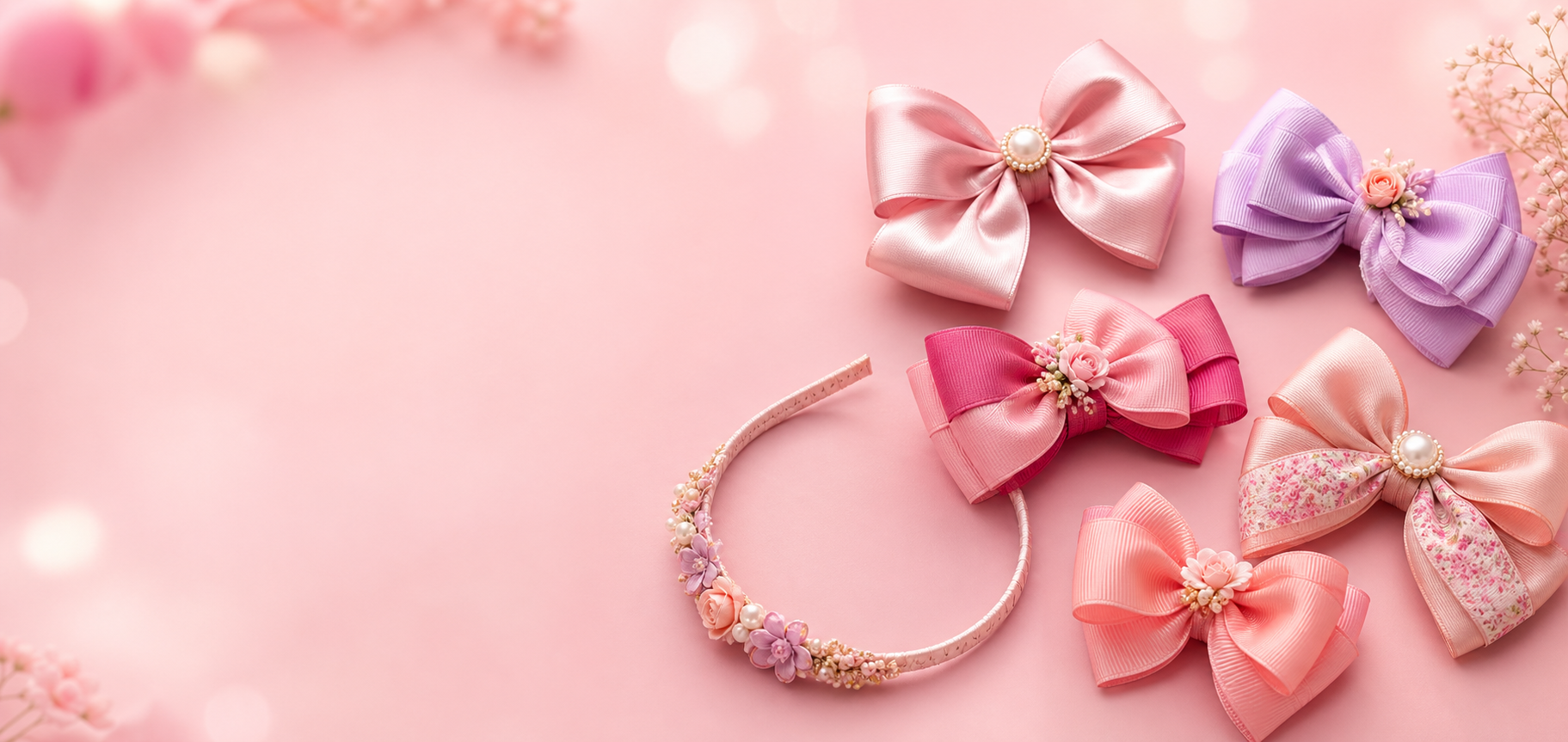 La&ccedil;os artesanais e tiara em tons de rosa e lil&aacute;s